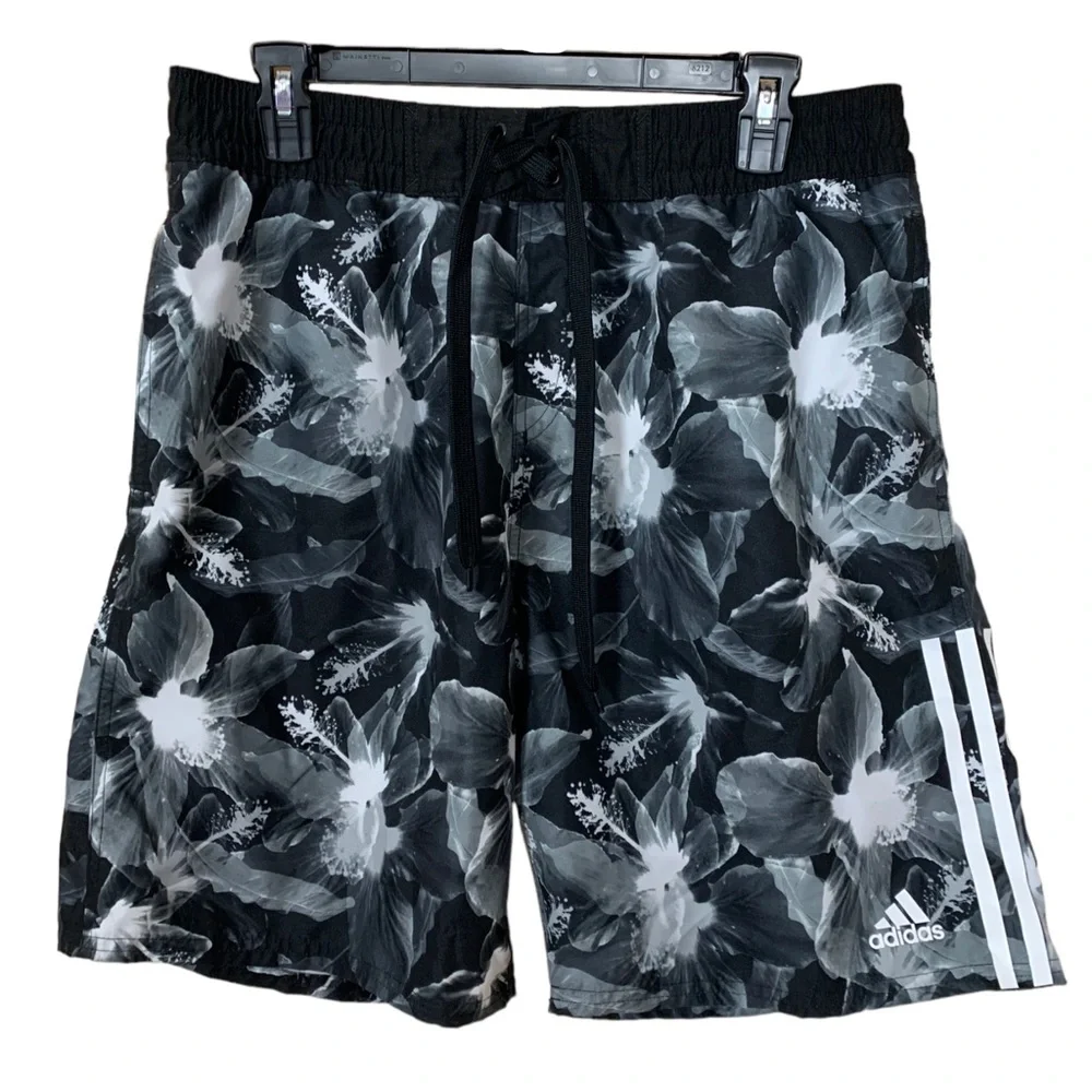 Adidas Black Hibiscus Allover Print Swimwear Shorts/Trunks Large - Picture 1 of 9